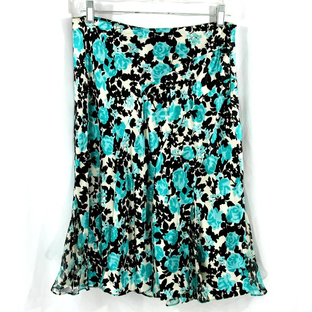 Alfani Silk Blue Roses Floral A Line Flair Knee Length Midi Skirt 6 S